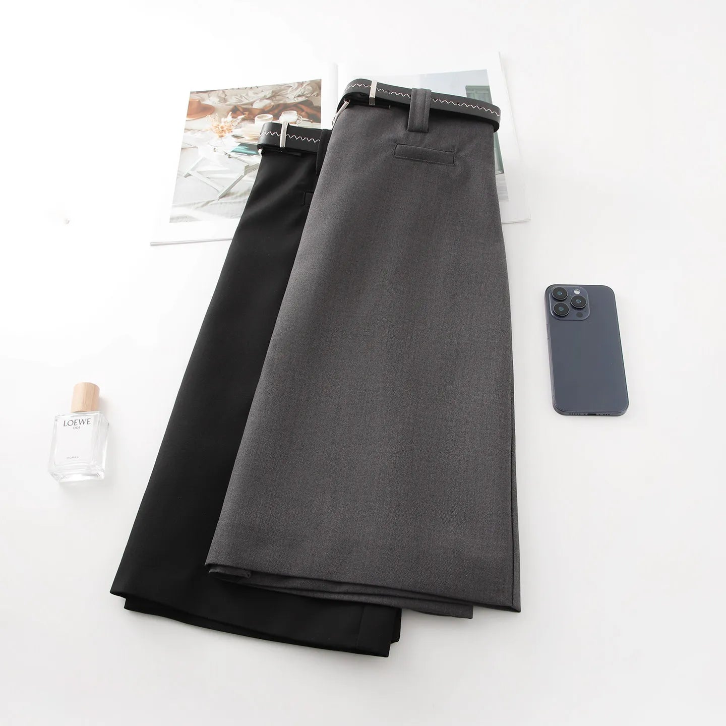 ZJYT Elegant Ladies Summer Skirts for Women 2026 New Fashion High Waist Belted Office Work Knee Length Skirt Female Faldas Grey