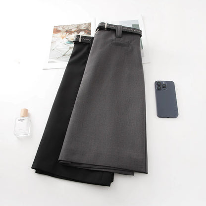 ZJYT Elegant Ladies Summer Skirts for Women 2026 New Fashion High Waist Belted Office Work Knee Length Skirt Female Faldas Grey