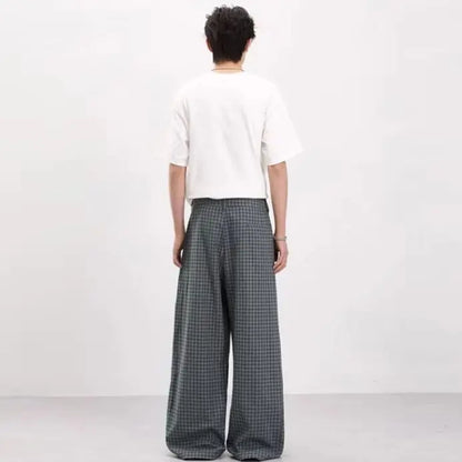 Vintage Pleated Check Trousers Men Relaxed-Fit, Versatile Casual Trousers with a Lazy Vibe Soft Comfortable