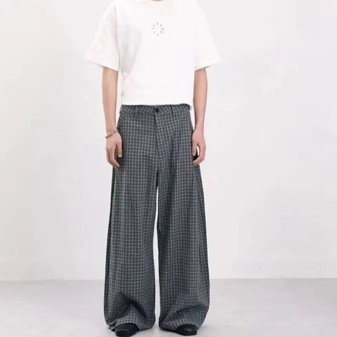 Vintage Pleated Check Trousers Men Relaxed-Fit, Versatile Casual Trousers with a Lazy Vibe Soft Comfortable
