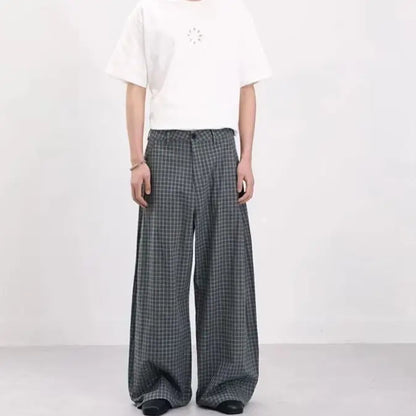 Vintage Pleated Check Trousers Men Relaxed-Fit, Versatile Casual Trousers with a Lazy Vibe Soft Comfortable