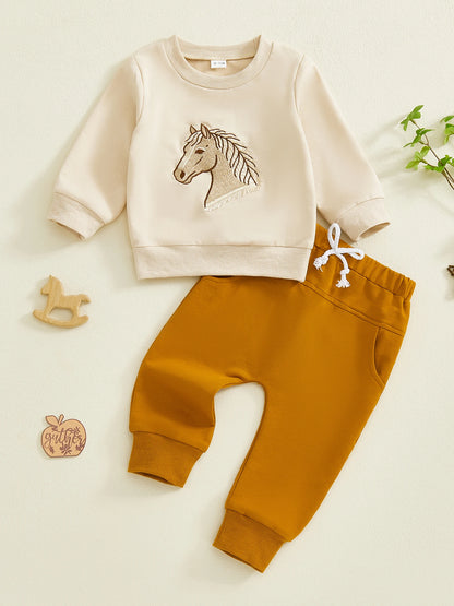 Adorable Infant Boys 2-Piece Set Stylish Long Sleeve Horse Embroidered Sweater with Matching Pants Perfect for Autumn Outings