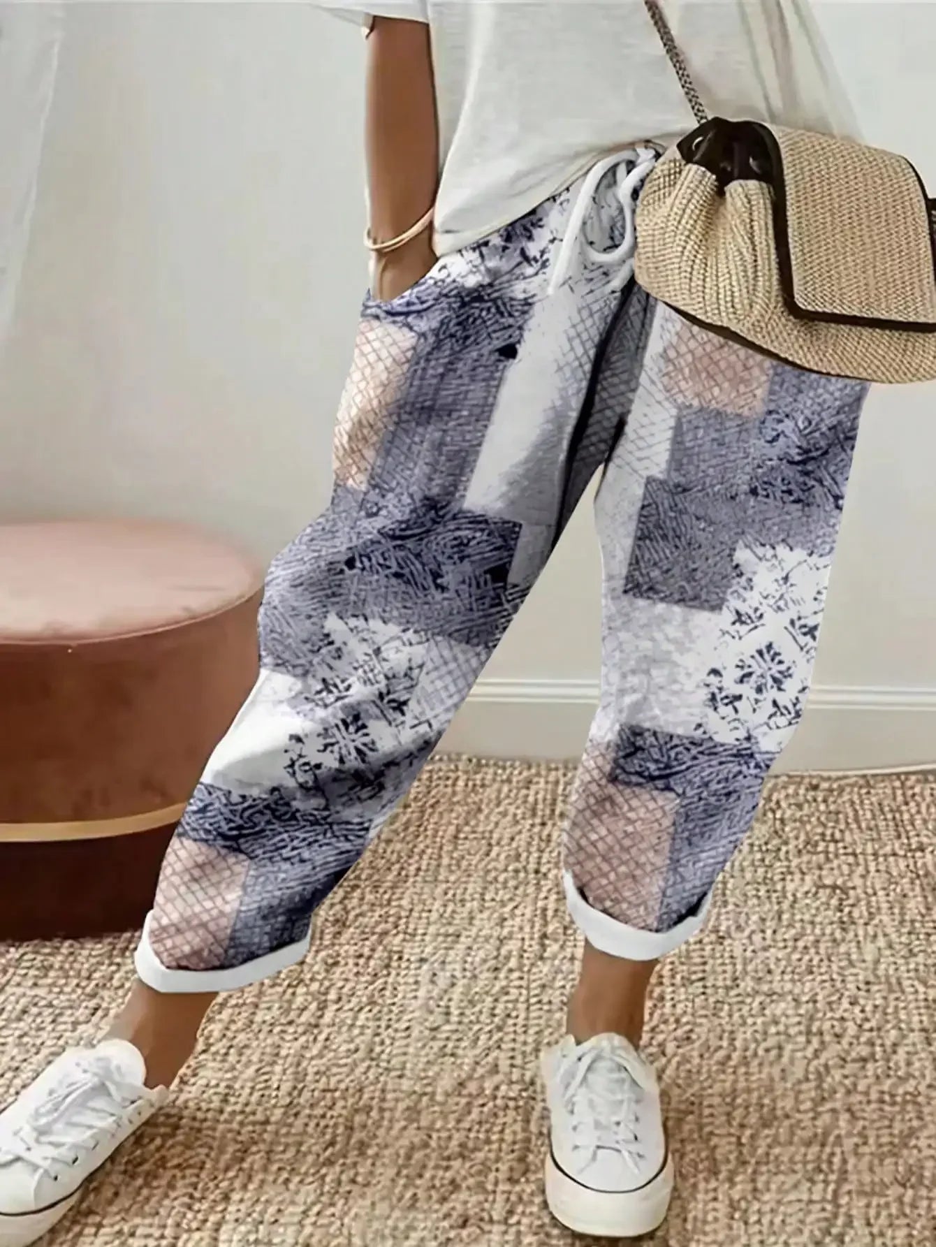 Women's Fashion Plus size 1XL-5XL Printed Flower Pants Ladies Casual Comfortable Loose Pocket Pants Casual Mid-waist Haren Pants