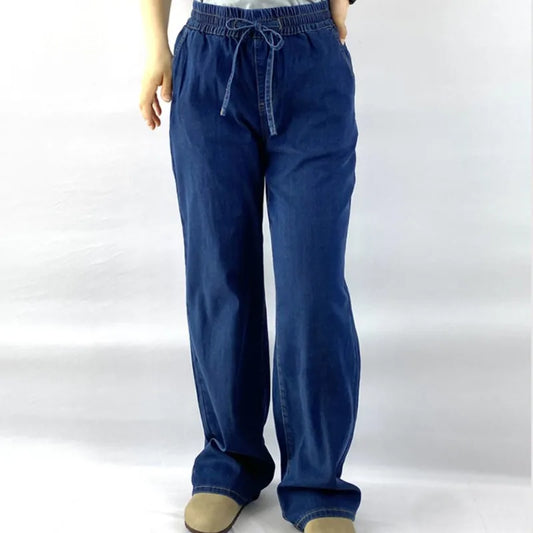 Summer 100KG Plus Size Thin Wide Leg Jeans Casual Premium Drawstring Elastic Waist Lyocell Denim Straight Pants For Women 9365