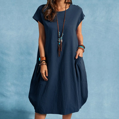 Spring and Summer Europe and the United States Amazon stand alone ebay cotton linen loose casual pure color pocket dress ladies