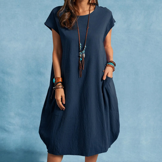 Spring and Summer Europe and the United States Amazon stand alone ebay cotton linen loose casual pure color pocket dress ladies