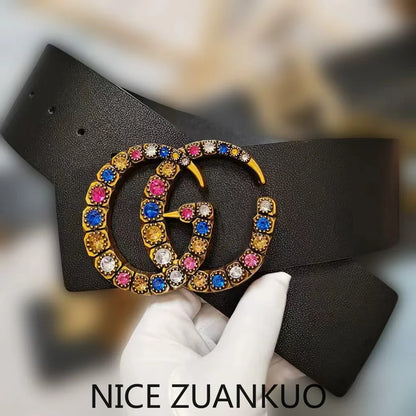 Women's Genuine Leather Belt, High-end European Women's Belt, with Colorful Rhinestones in A Casual Style,