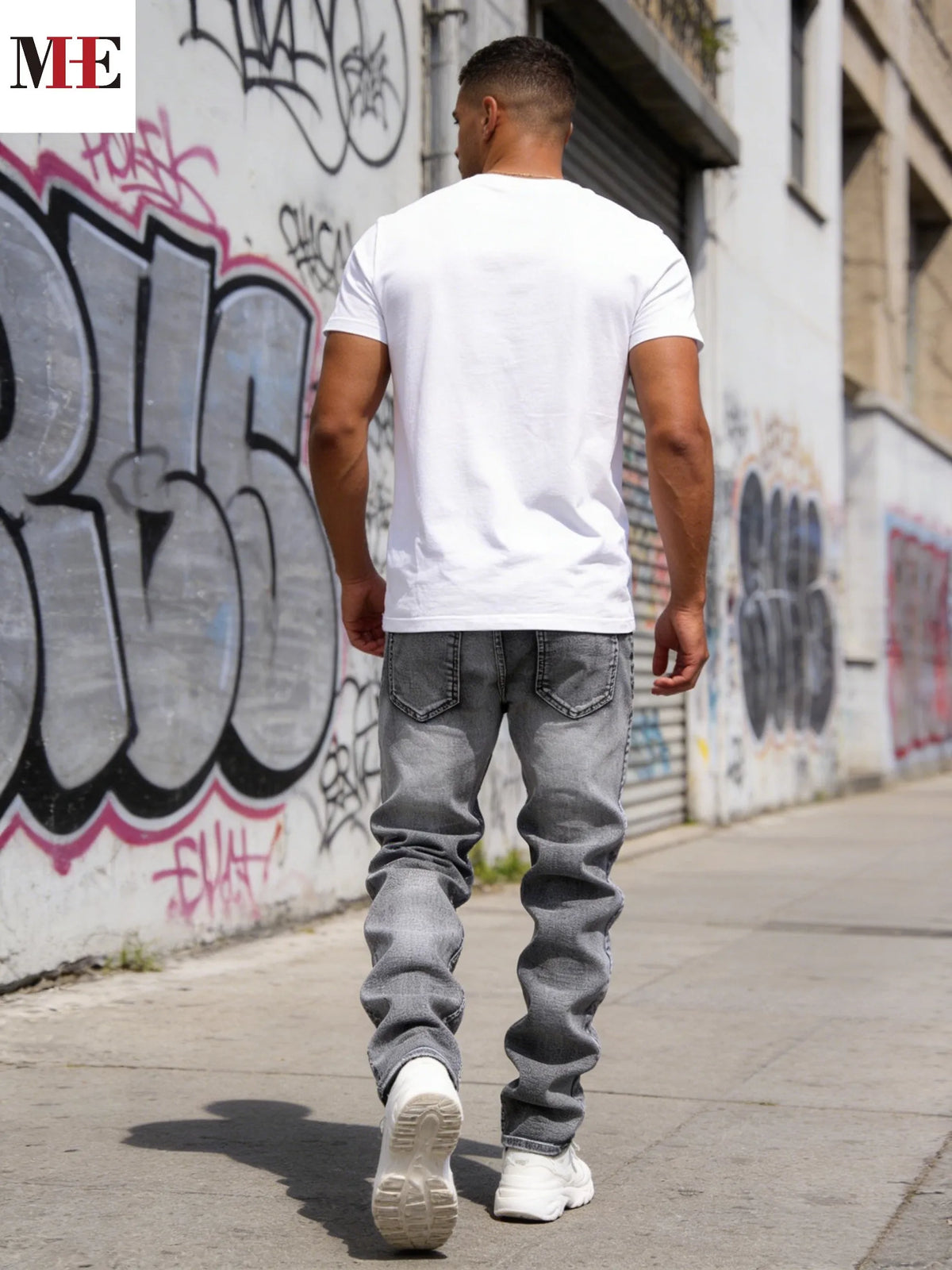 【HME】Men's jeans | Minimalist retro street grey washed denim pants with well-proportioned slim straight cut, wear-resistant breathable denim cloth, timeless basic design, essential wardrobe pants for men's everyday casual