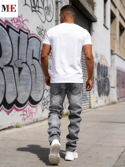 【HME】Men's jeans | Minimalist retro street grey washed denim pants with well-proportioned slim straight cut, wear-resistant breathable denim cloth, timeless basic design, essential wardrobe pants for men's everyday casual