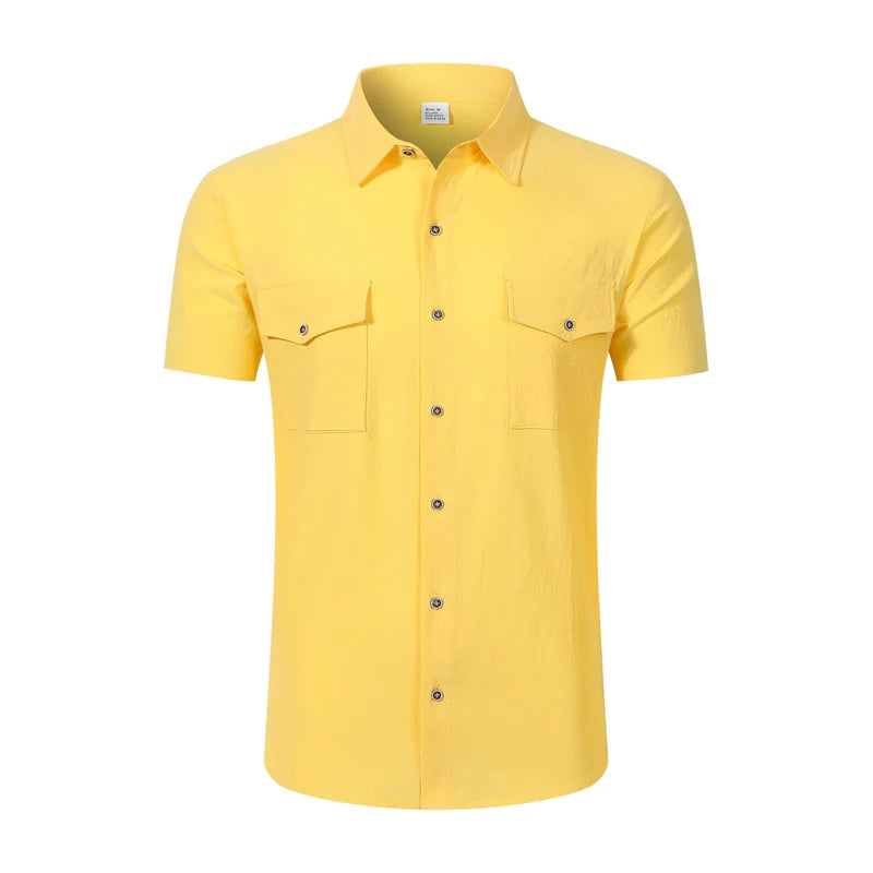 2026 Men's Short Sleeve Linen Blend Shirt Solid Color Loose Casual Tops royal pop swatch devocional café com deus pai Style