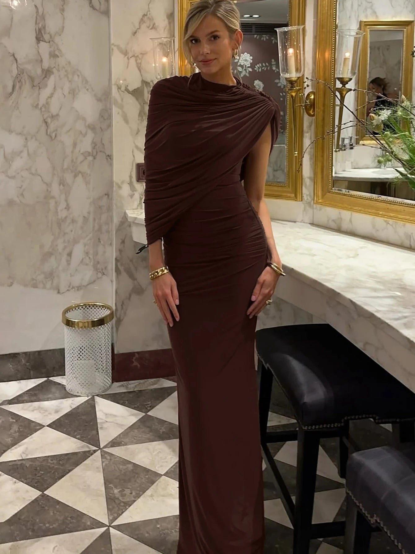 Dulzura Summer Fashion Elegant O-Neck Sleeveless Ruched Slim Fit Long Dress Women'S Solid Casual Dress Party Club Street Clothes
