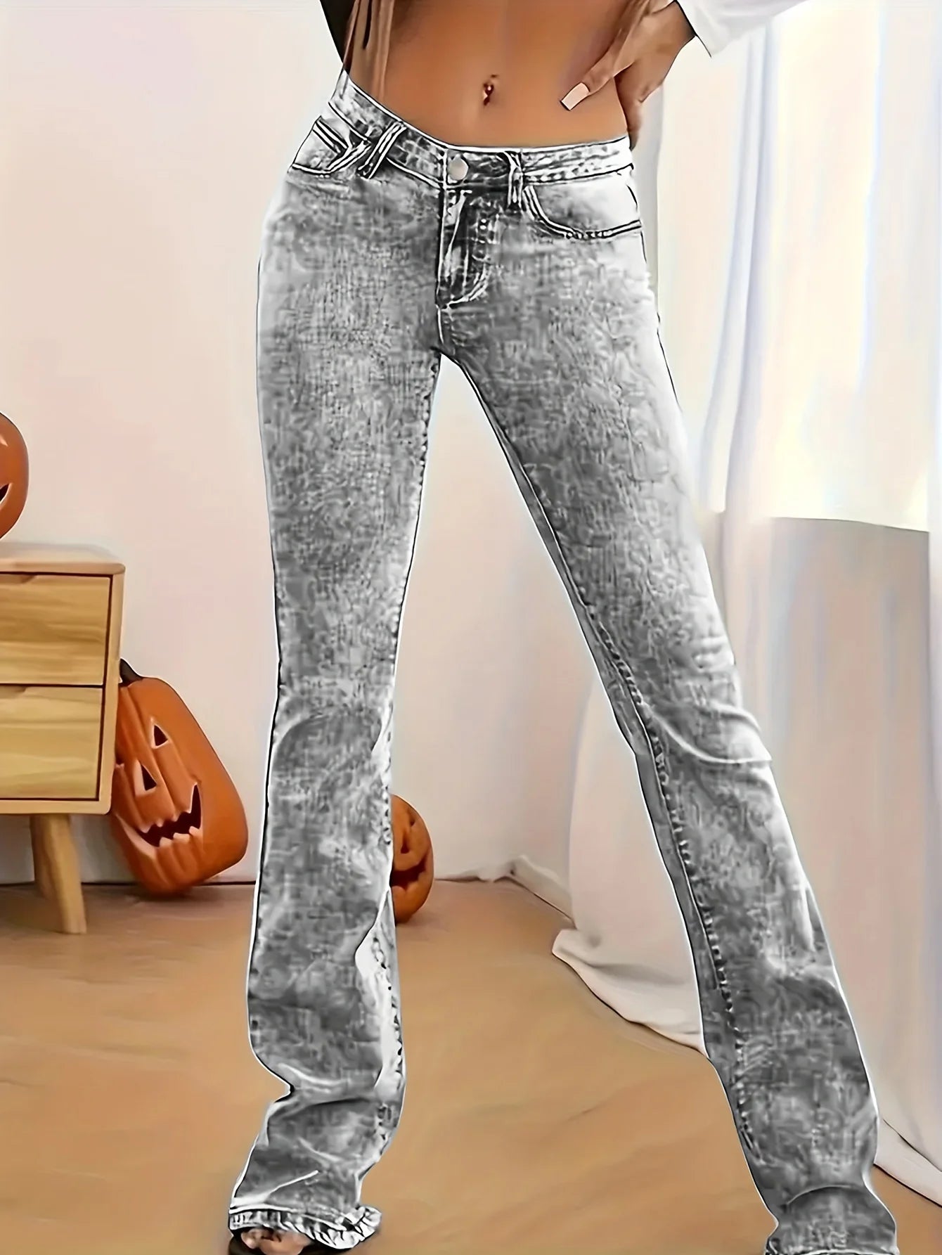 Fashion Women's Gray Low-Rise Slim Fit Bootcut Jeans, Y2K Style, Snow Wash, Streetwear Elegant Denim Pants