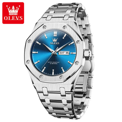 OLEVS Watches For Men Stainless Steel Strap Waterproof Luminous Dual Calendar Business Wristwatch Original Quartz Man Watch 3726
