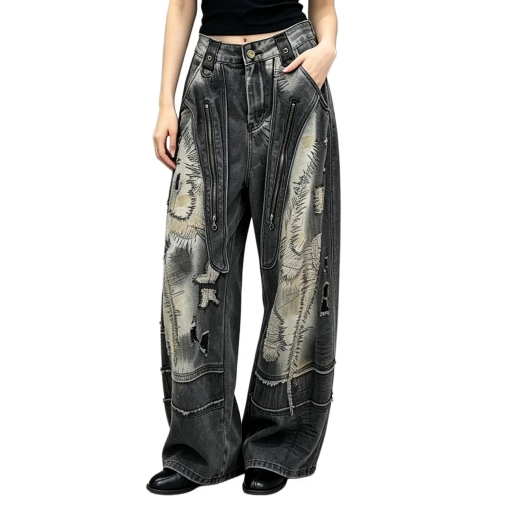 Trendy Pear-shaped Slimming Jeans Women Black Washed New Summer Street Style Loose-fitting Floor-length Jeans LX5811