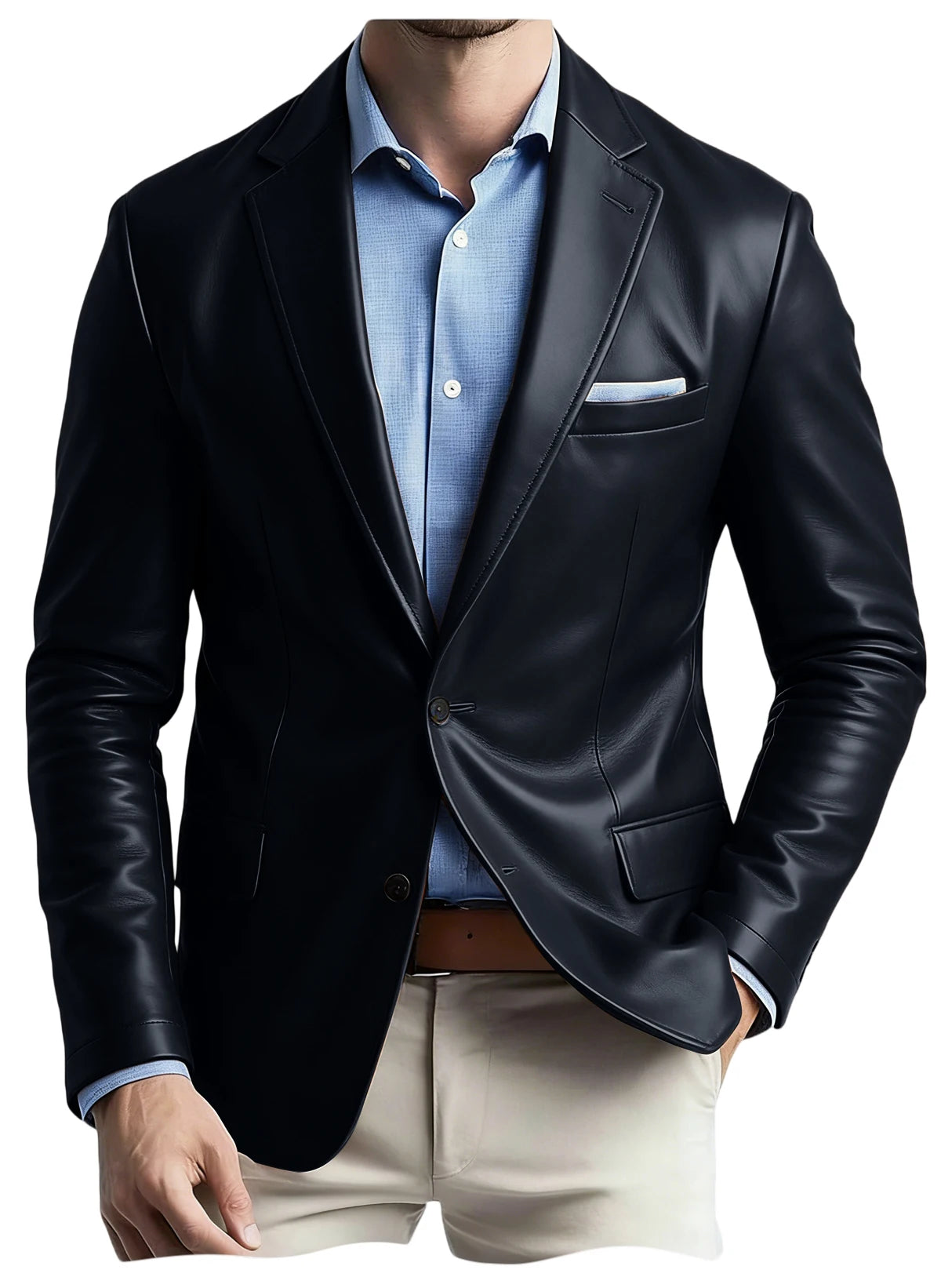 Men's Faux Leather Blazer Notch Lapel Flap Pockets Slim Fit Suit Jacket Coats For Casual Business Wedding Party