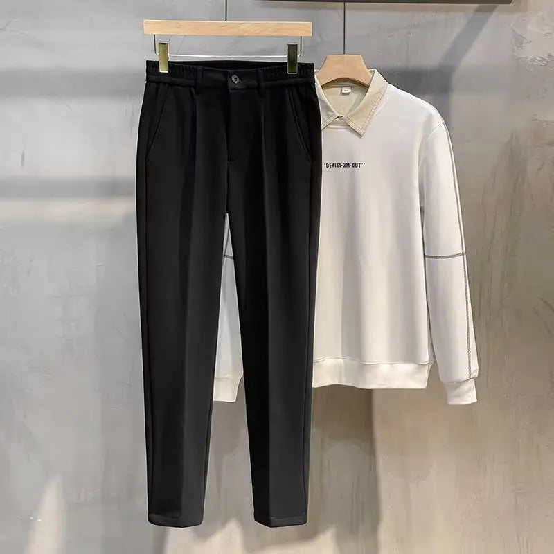 Autumn Winter New Men's Woolen Suit Pants Slim Straight Elastic Waist Formal Business Tapered Brown Trousers