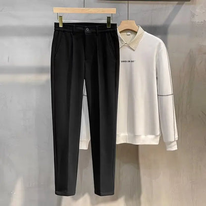 Autumn Winter New Men's Woolen Suit Pants Slim Straight Elastic Waist Formal Business Tapered Brown Trousers
