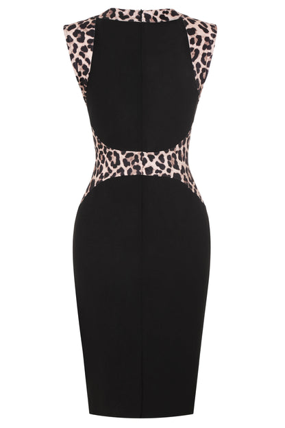 Womens Leopard Patchwork Crew Neck Sleeveless Cocktail Knee Length Business Casual Party Summer Pencil Bodycon Sheath Dress
