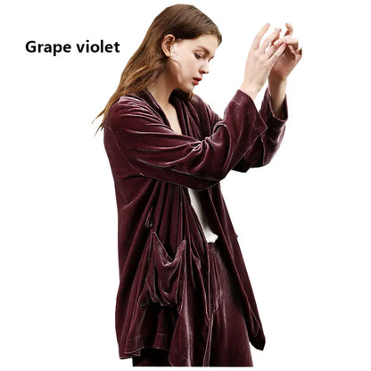 Mulberry Silk Velvet Lady Coat Blue Cardigan Lace-up Top Temperament Generous Business Leisure Outdoor Travel Spring and Autumn