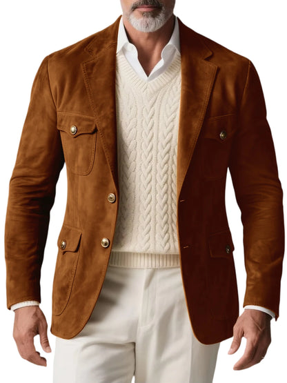 1970s Men's Suede Blazer Retro Slim Fit Two Buttons Multi Pocket High Quality Jacket Fashion Casual Sport Coat For Daily Wear