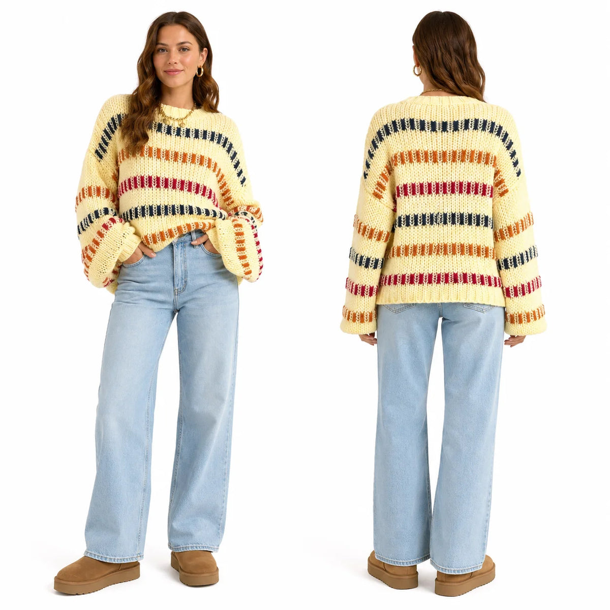 Vibrant Color Block Stripe Chunky Knit Sweater for Women, Oversized Crew Neck Long Balloon Sleeve Loose Pullover Jumper,