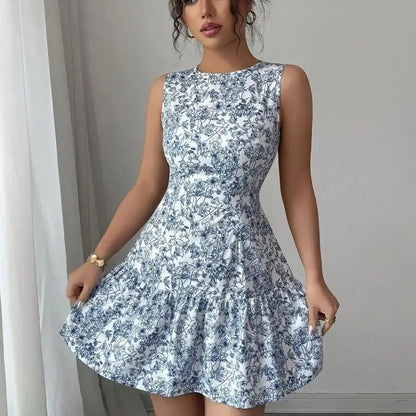 Spring/Summer Boho And French-Style Blue And White Floral Dress, Sleeveless With A Round Neckline