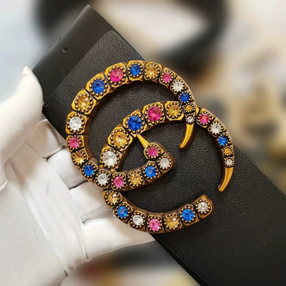 Women's Genuine Leather Belt, High-end European Women's Belt, with Colorful Rhinestones in A Casual Style,