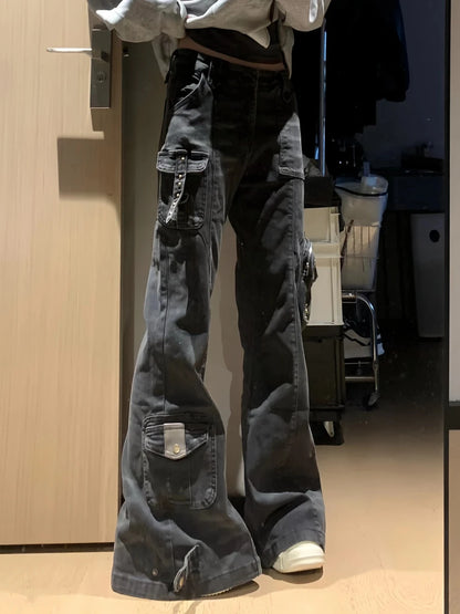 Women's Flare Cargo Jeans Harajuku Japanese Low Rise Denim Pants Abi Y2k Bell Bottom American Retro High Street Dark Academia