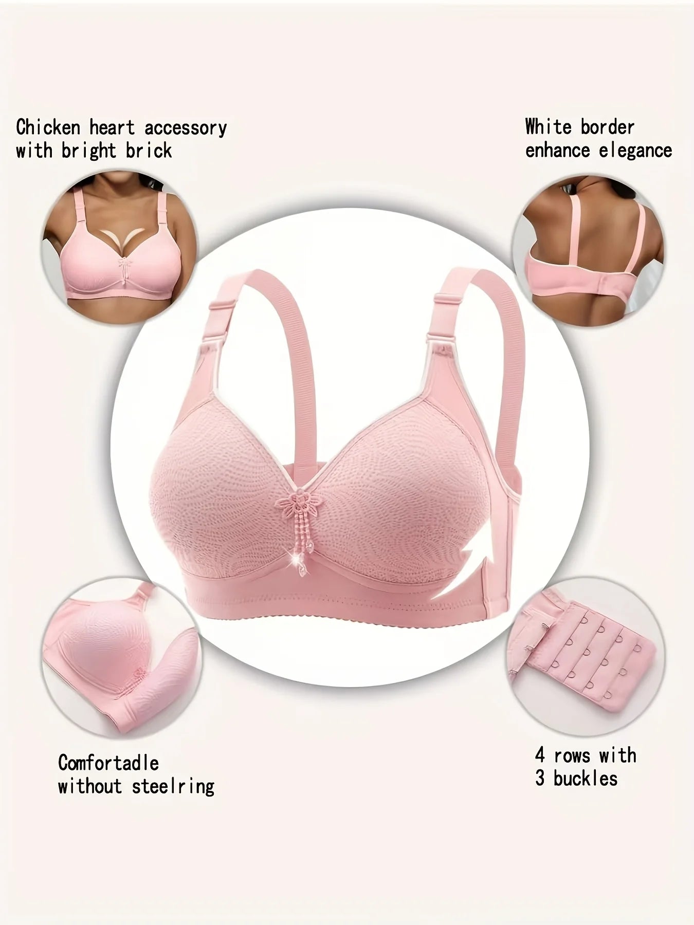 6pcs Seamless Tassel Decor Wireless Bra, Comfortable Push-Up Bra, - Adjustable Strap,