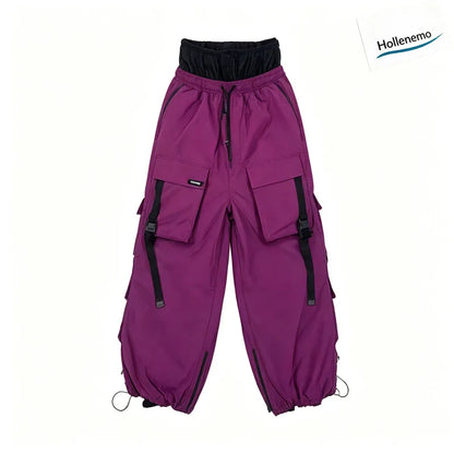 Men Women Winter Ski Snowboard Pants Cargo Multi‑Pocket Waterproof Windproof Drawstring Waist Adjustable Cuff Purple SnowTrouser