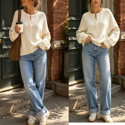 Women's Long-Sleeve Knitted Sweater, Half-Button Design, Henley Collar, Casual Style, lightweight Material, Solid Color Pullover Knitwear.