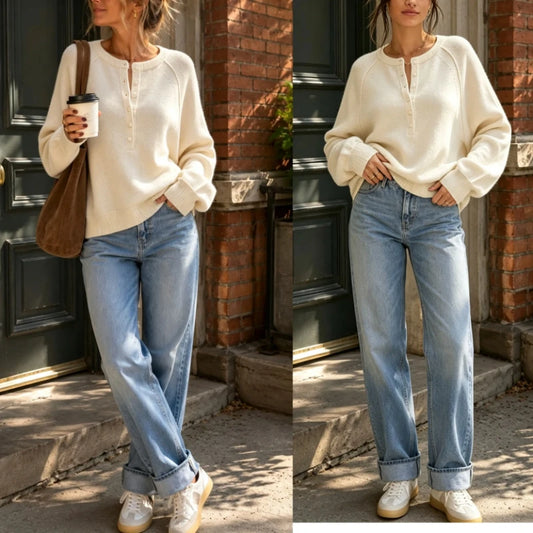 Women's Long-Sleeve Knitted Sweater, Half-Button Design, Henley Collar, Casual Style, lightweight Material, Solid Color Pullover Knitwear.