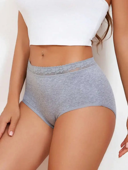6PCS Womens Cotton Lace Trim Soft Comfortable High-Waisted Briefs Plus Size S-XXL