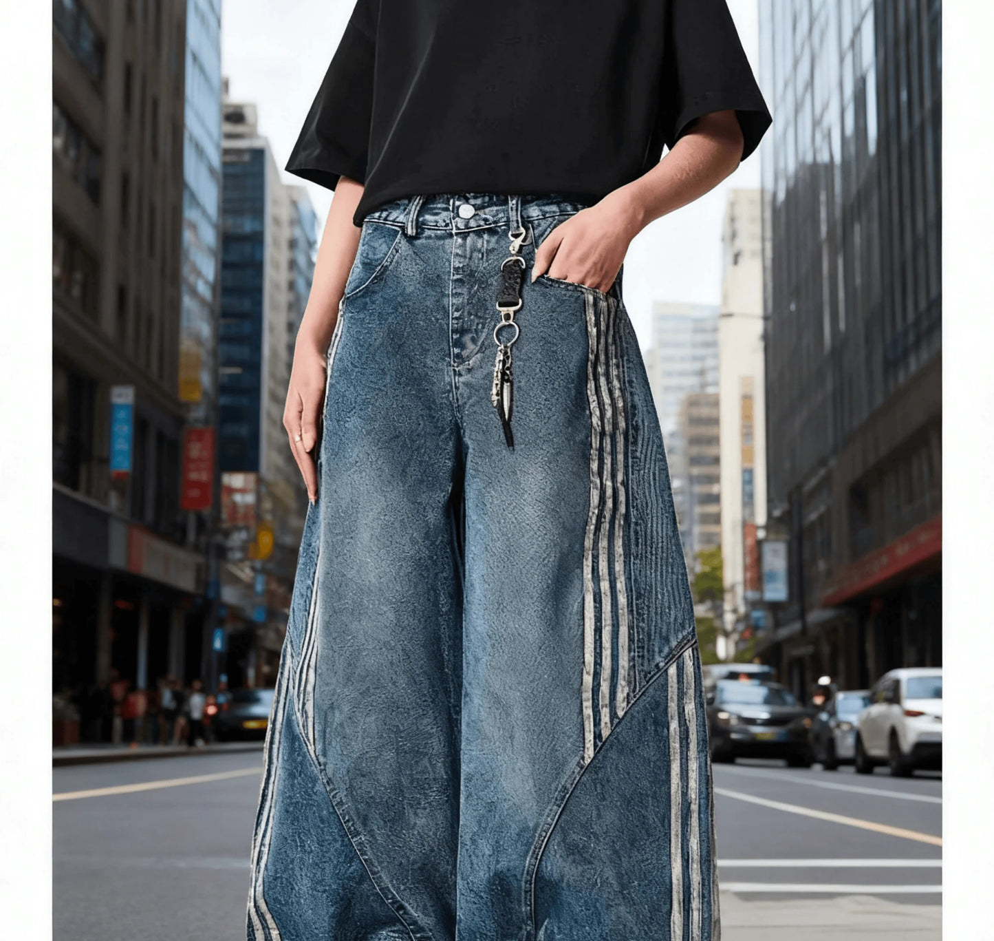 Women Wide Leg Jeans Vintage Y2K Reconstruction Custom Distressed Wash Stripe Denim Pants Trendy Comfort Fit