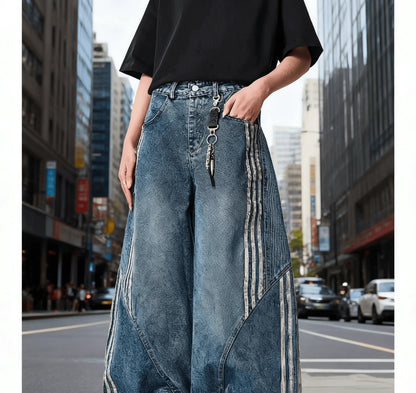 Women Wide Leg Jeans Vintage Y2K Reconstruction Custom Distressed Wash Stripe Denim Pants Trendy Comfort Fit