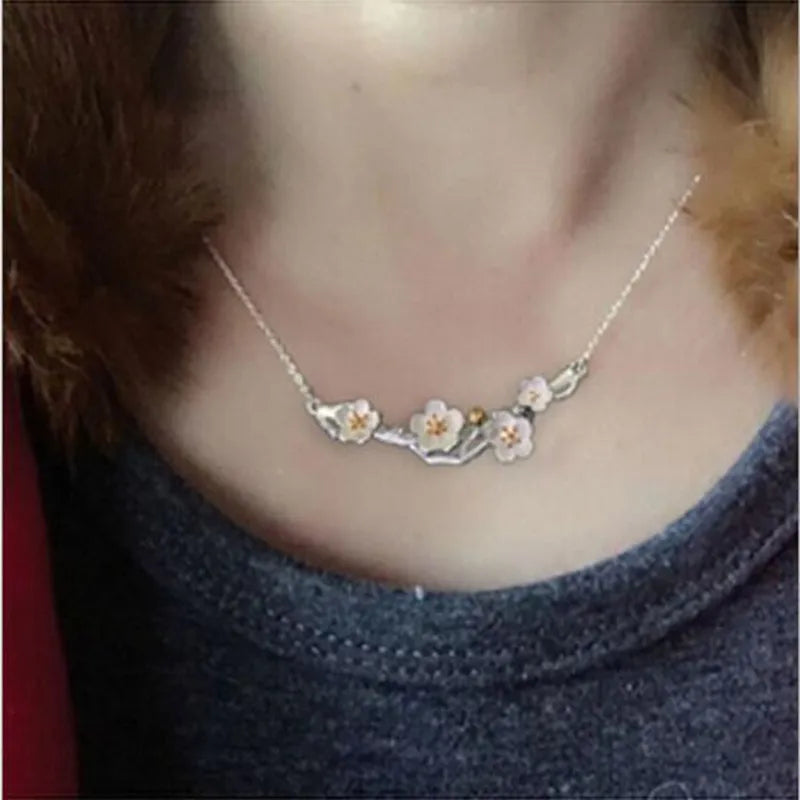 Silver Necklaces Plum Flower Pendants&Necklaces Jewelry Collar Colar de Plata