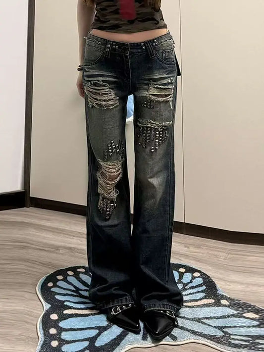 American style spicy girl design with rivet splicing jeans, women new retro distressed distressed floor length pants