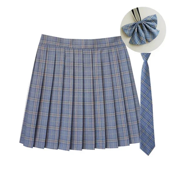 Women Summer Plaid Pleated Skirt With Necktie Bowtie Korean Jk Skirt Uniform Japanese School Preppy A Line Mini Skirts