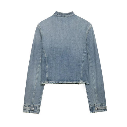 YENKYE Women's Cropped Denim Jacket Front Button Frayed Hem Stand Collar Streetwear Coat