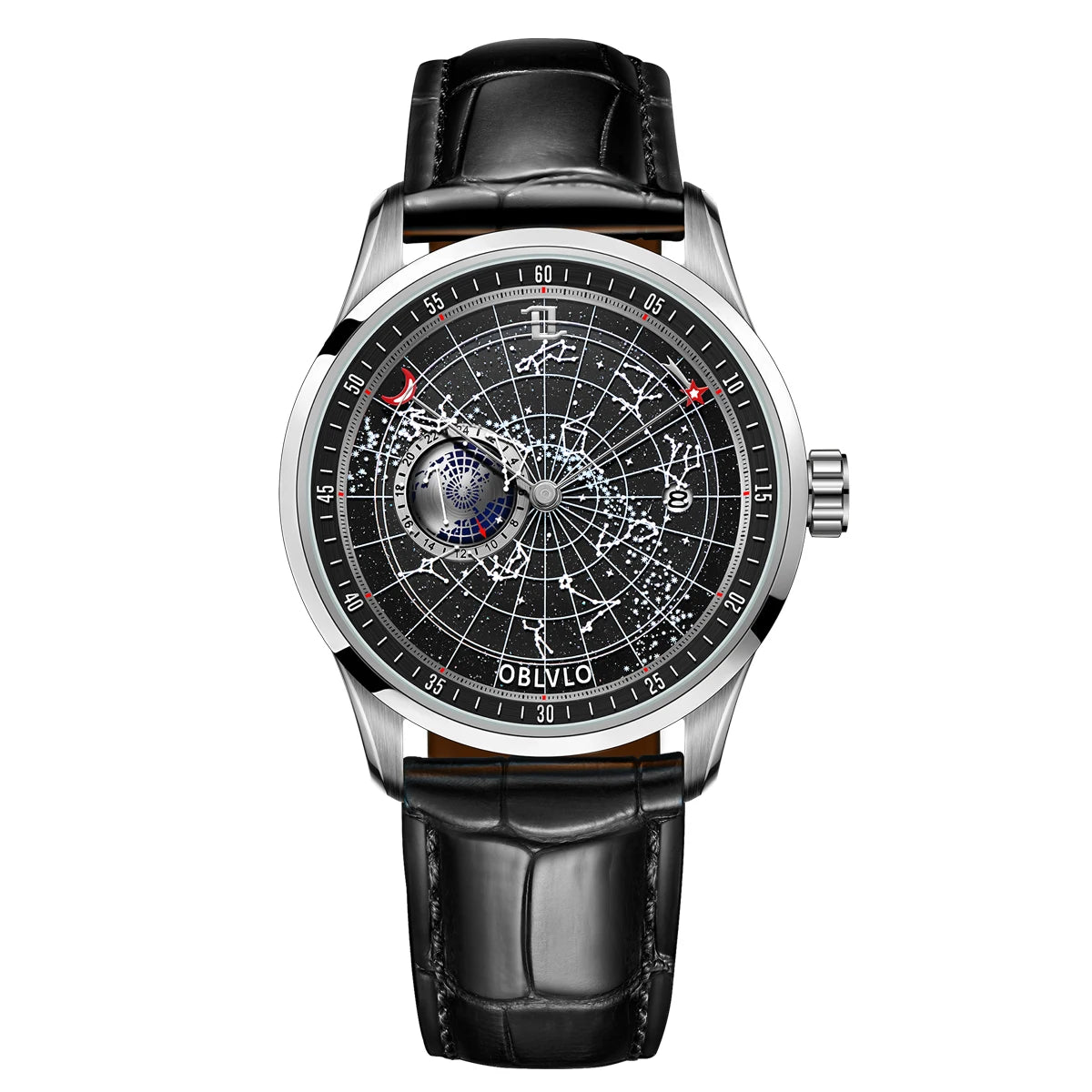 OBLVLO Simple Fashion Automatic Mechanical Watch for Men Luminous Earth Star Leather Strap Waterproof Casual Gift Clock GC