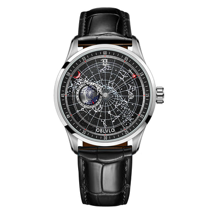 OBLVLO Simple Fashion Automatic Mechanical Watch for Men Luminous Earth Star Leather Strap Waterproof Casual Gift Clock GC