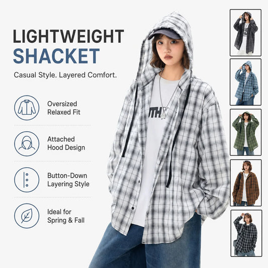 Unisex Oversized Hooded Flannel Style Plaid Mens Shirt Jacket Long Sleeve Button Down Casual Lightweight Jacket for Spring Fall