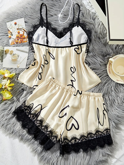 Women‘s Milk Silk Pajamas Set Summer Sleeveless Yellow Heart Print Lace Trim Soft Summer Sleepwear Lounge Sets Nightwear