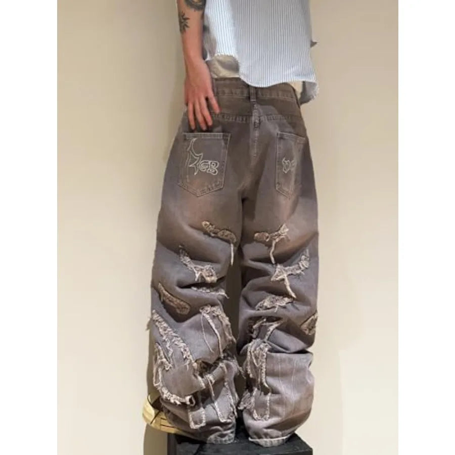Men's Baggy Jeans Patchwork Embroidery Jeans Fringe Frayed Edges Wide Leg Denim Pants