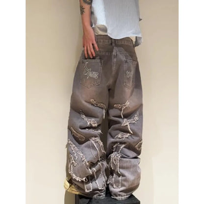 Men's Baggy Jeans Patchwork Embroidery Jeans Fringe Frayed Edges Wide Leg Denim Pants