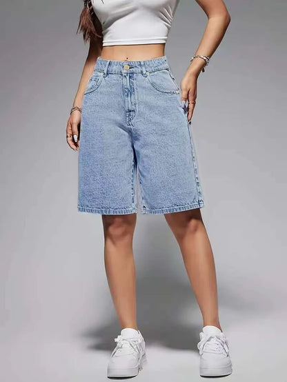 Light blue high-waisted denim shorts