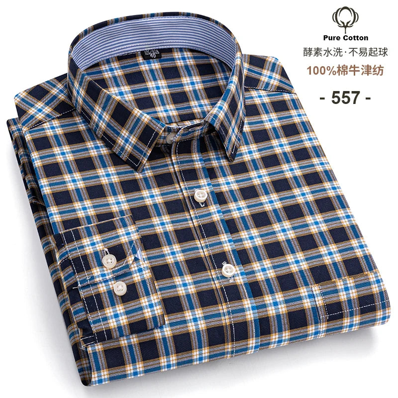 Men's Social Shirts Long Sleeve 100%Pure Cotton Oxford Buttoned Plaid Formal Male Casual Clothes Oversized Shirt Plus Size S-7XL