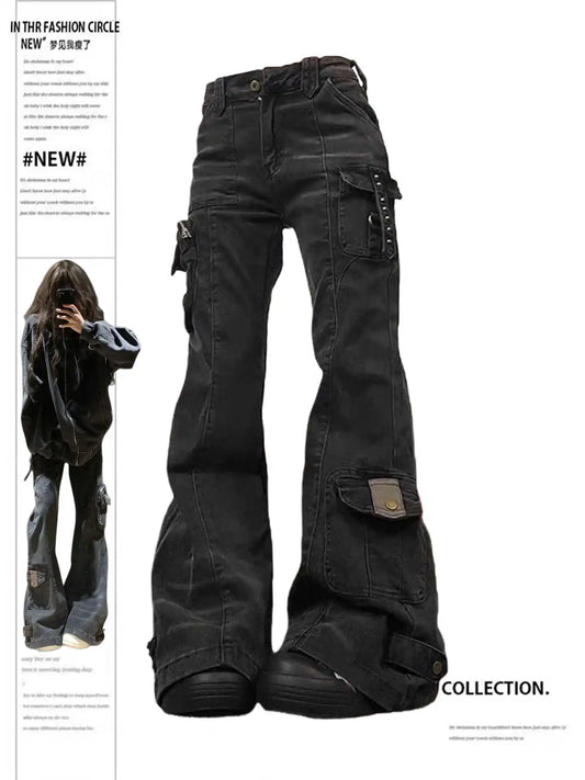Women's Flare Cargo Jeans Harajuku Japanese Low Rise Denim Pants Abi Y2k Bell Bottom American Retro High Street Dark Academia