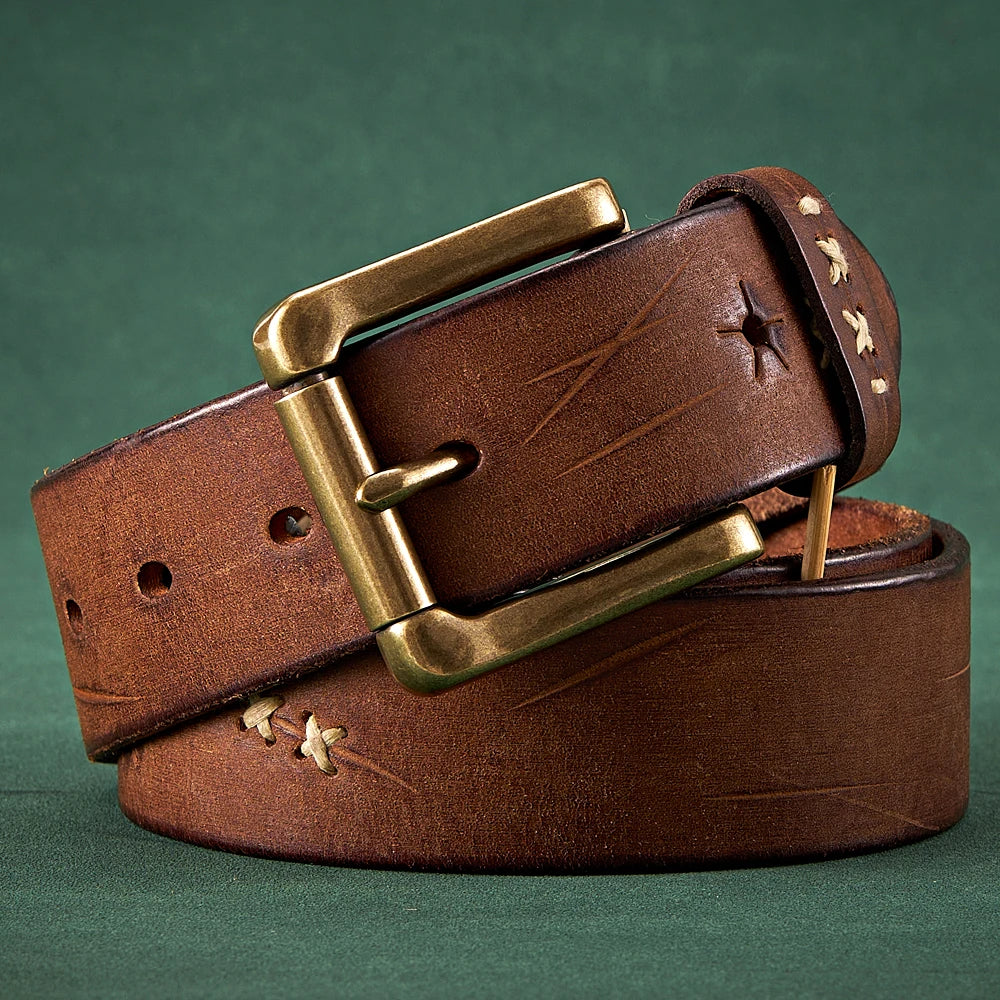 3.8CM Men High Quality Genuine Leather Belt Luxury Designer Brass Pin Buckle Belts Pure Cowskin Vintage Strap Male Jeans for Man