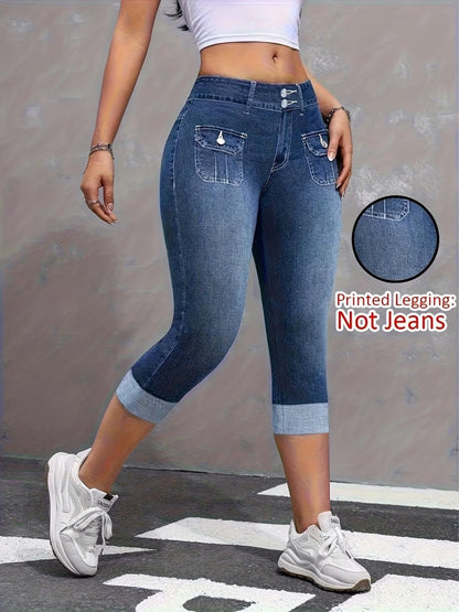 7188Women's faux denim printed capri leggings, non-denim casual skinny pants, thin breathable sports casual yoga pants